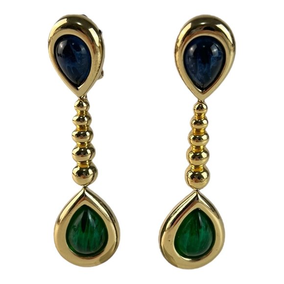 Vintage Christian Dior Runway Statement Green Blue Gripoix Drop Dangle Earrings - Picture 2 of 10